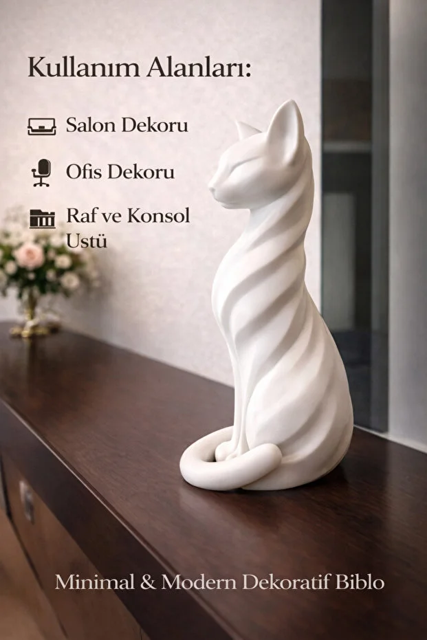 Dekoratif Beyaz Kedi Biblosu | Modern & Minimal Ev Ofis Masa Dekoru